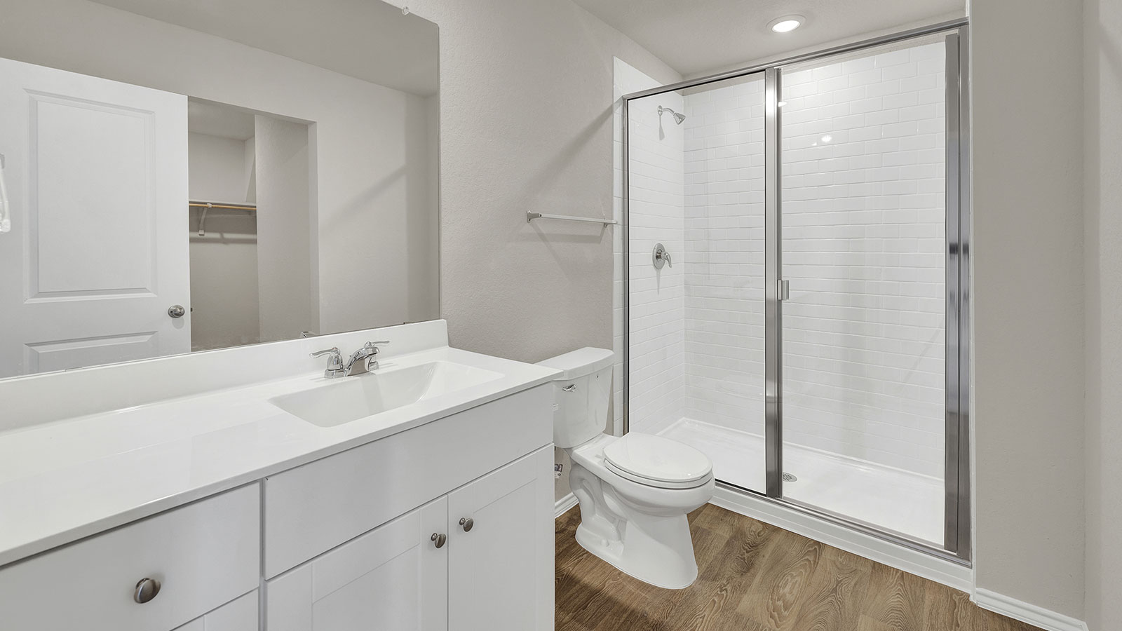 Main bathroom vanity, walk-in shower, and toilet.