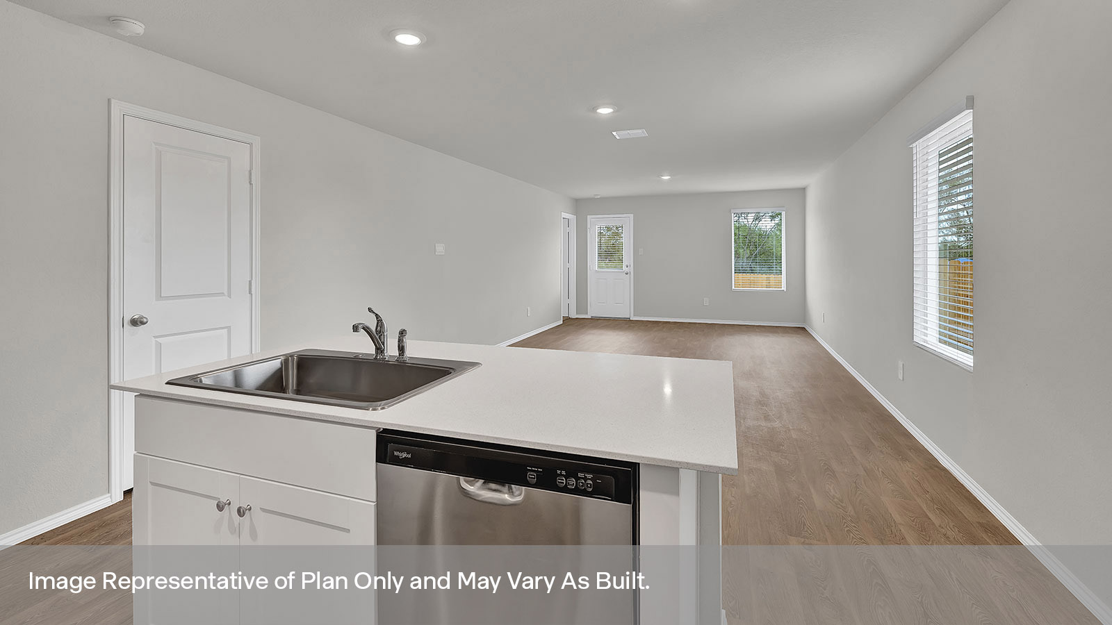 Kitchen island overlooking the dining room and living room.