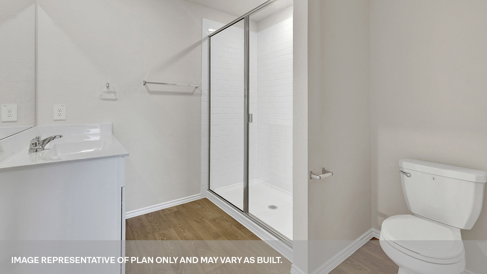 Main bathroom with single sink vanity and closet entry.