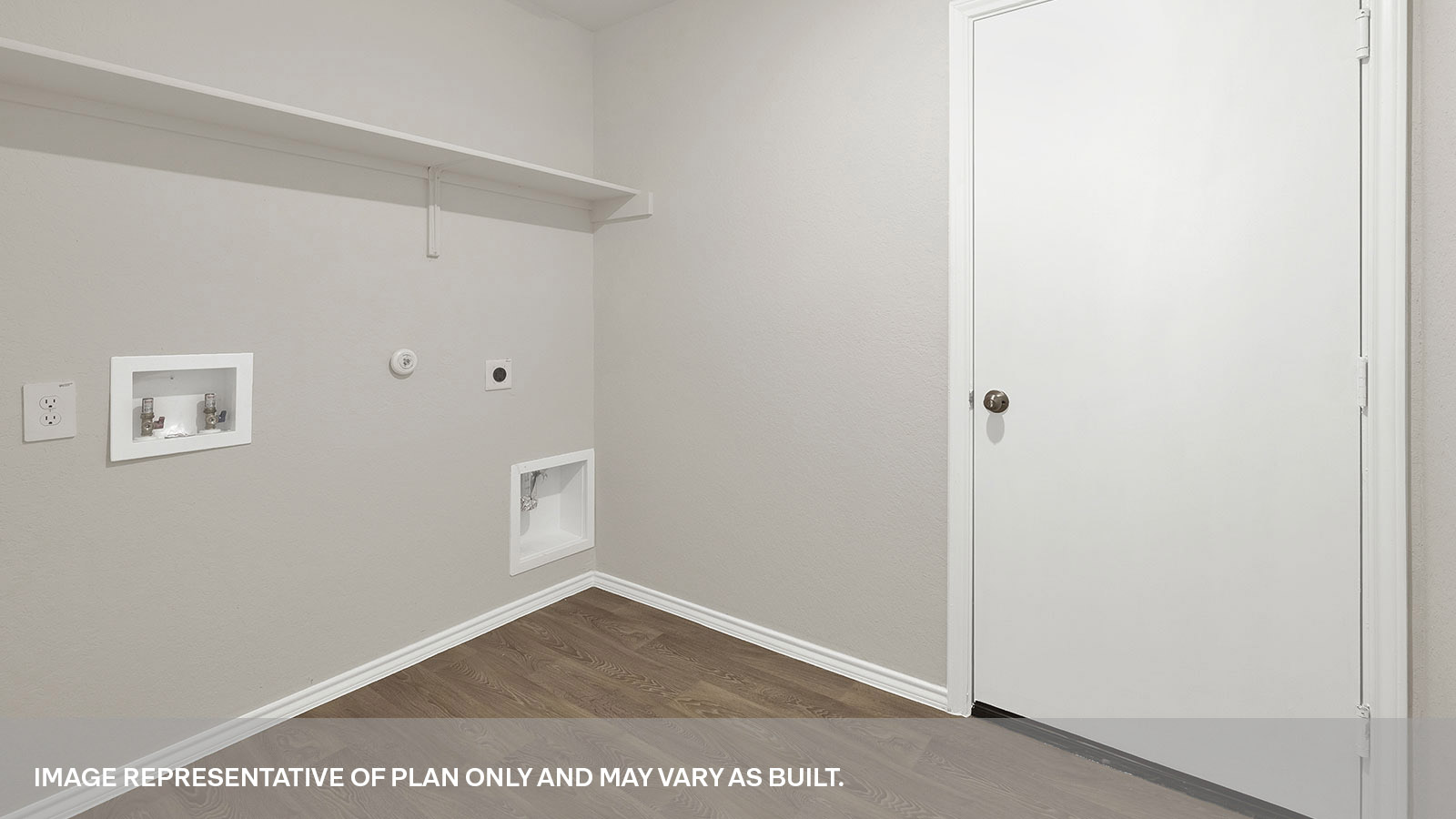 Laundry room with washer/dryer connections and wooden shelving.