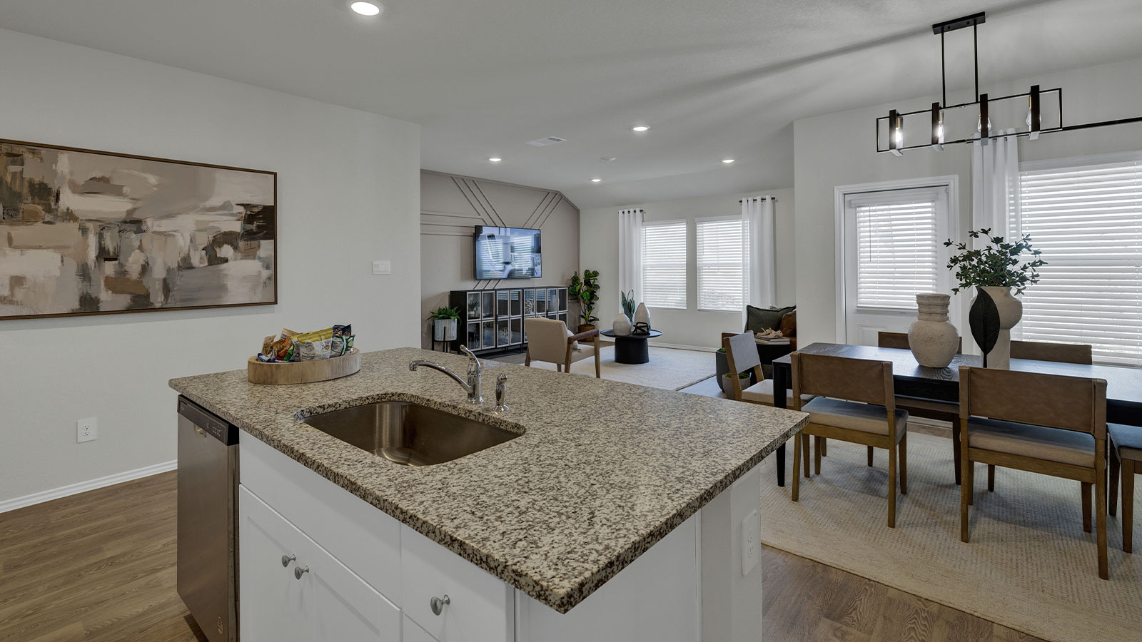 Kitchen island overlooking the dining room and living room.