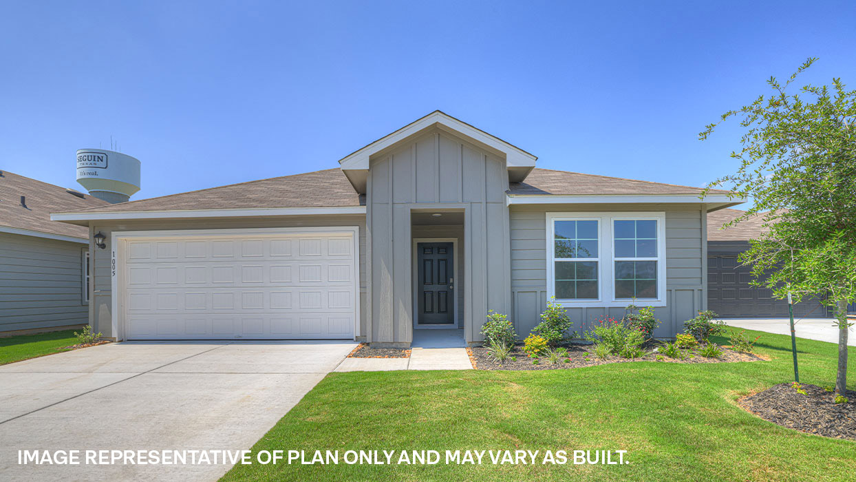 Single-story farmhouse exteriors with 2 car garage and 2 windows.
