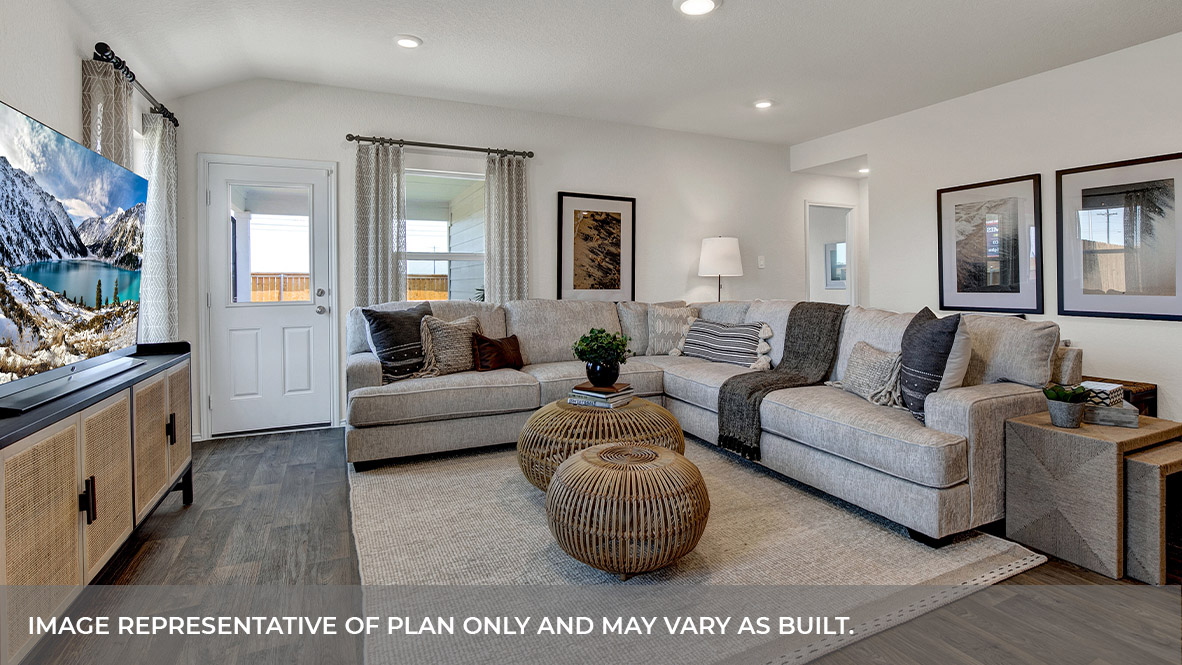 Living room with vinyl flooring, two windows, and a half lite exterior door.