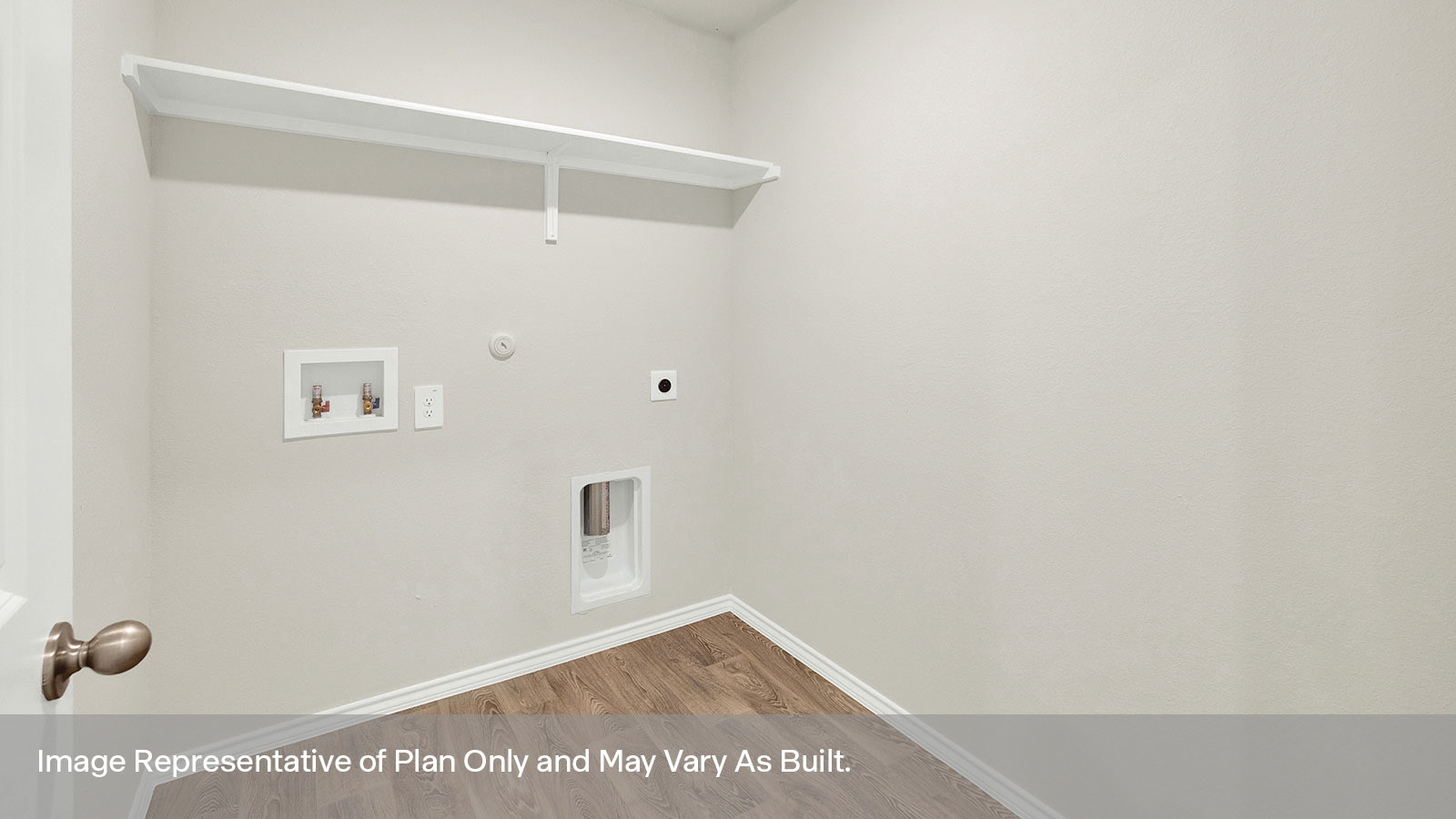 Laundry room with washer/dryer connections and wooden shelving.
