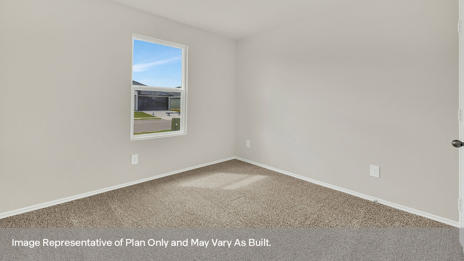 Front bedroom with carpeting and one window.