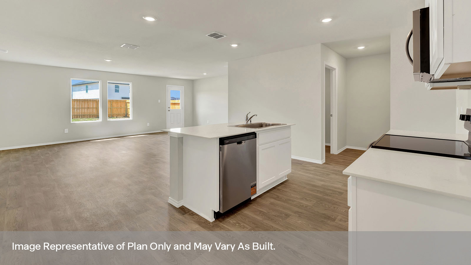 Kitchen island overlooking the dining room and living room.