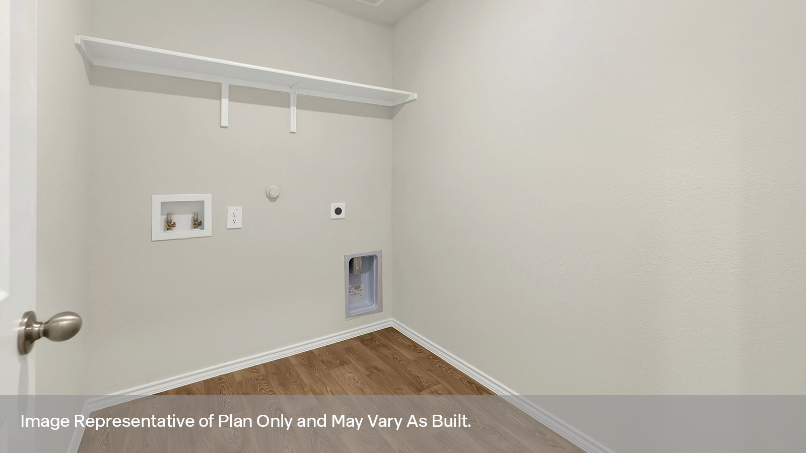 Laundry room with washer/dryer connections and wooden shelving.
