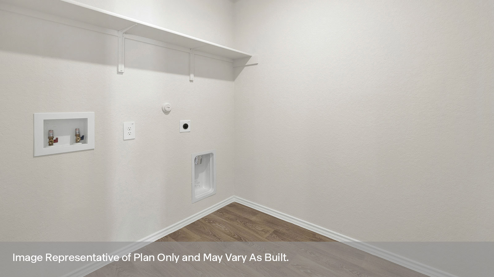 Laundry room with washer/dryer connections and wooden shelving.