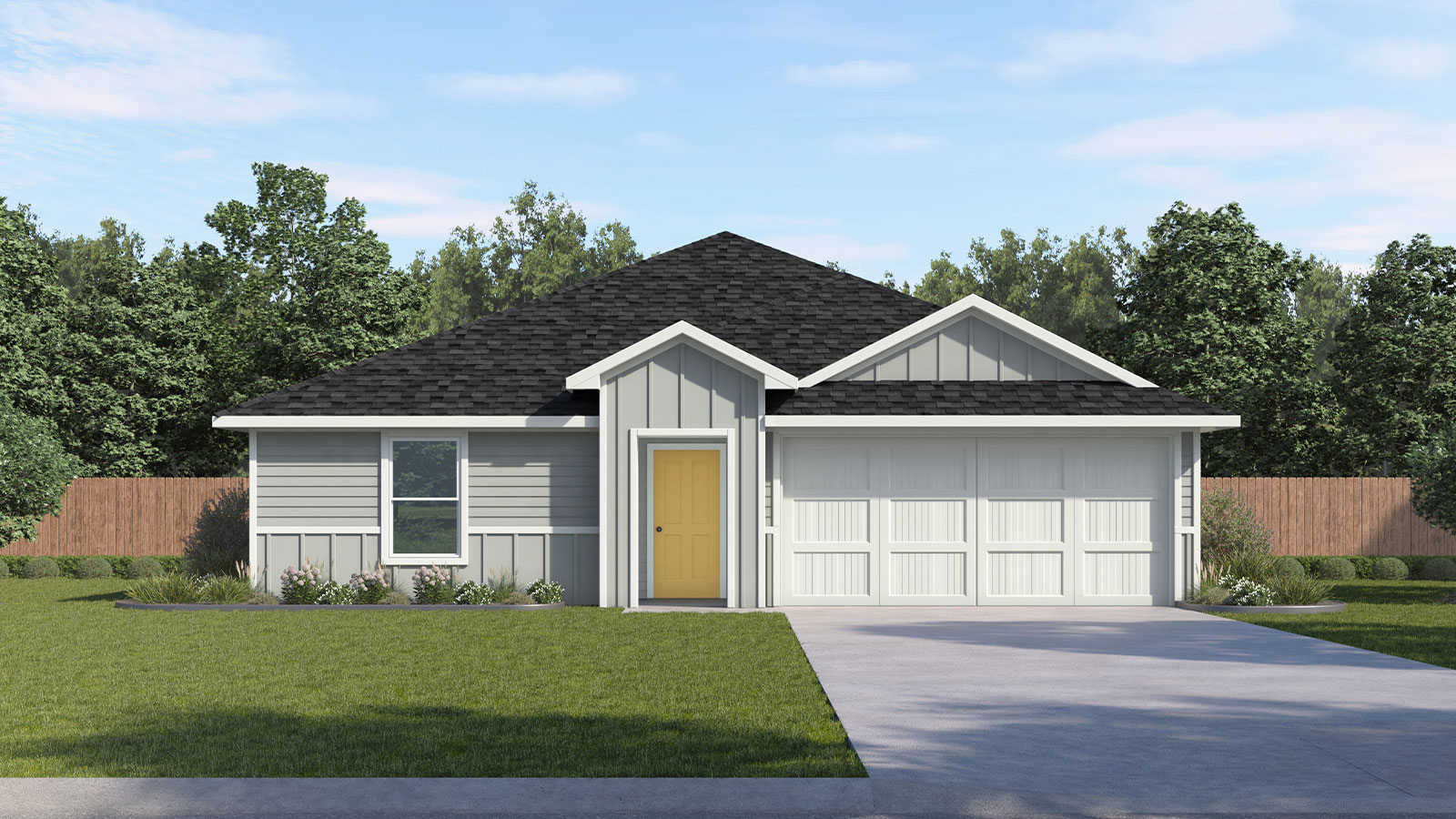 Single-story farmhouse exterior with one window and 2 car garage.