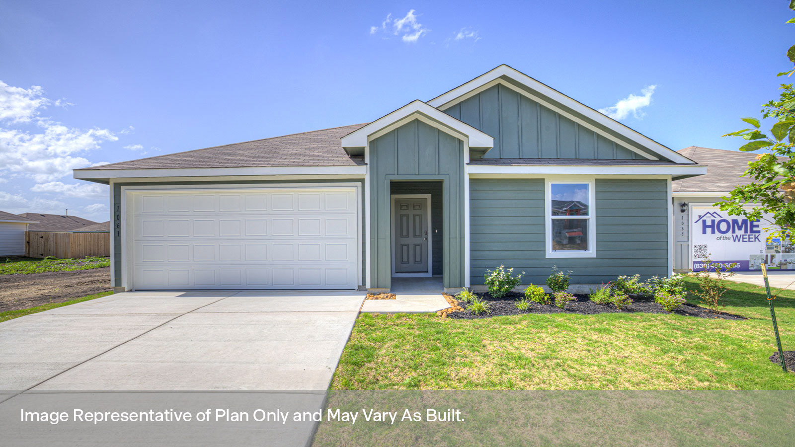 Single-story farmhouse exteriors with one window and 2 garage door.