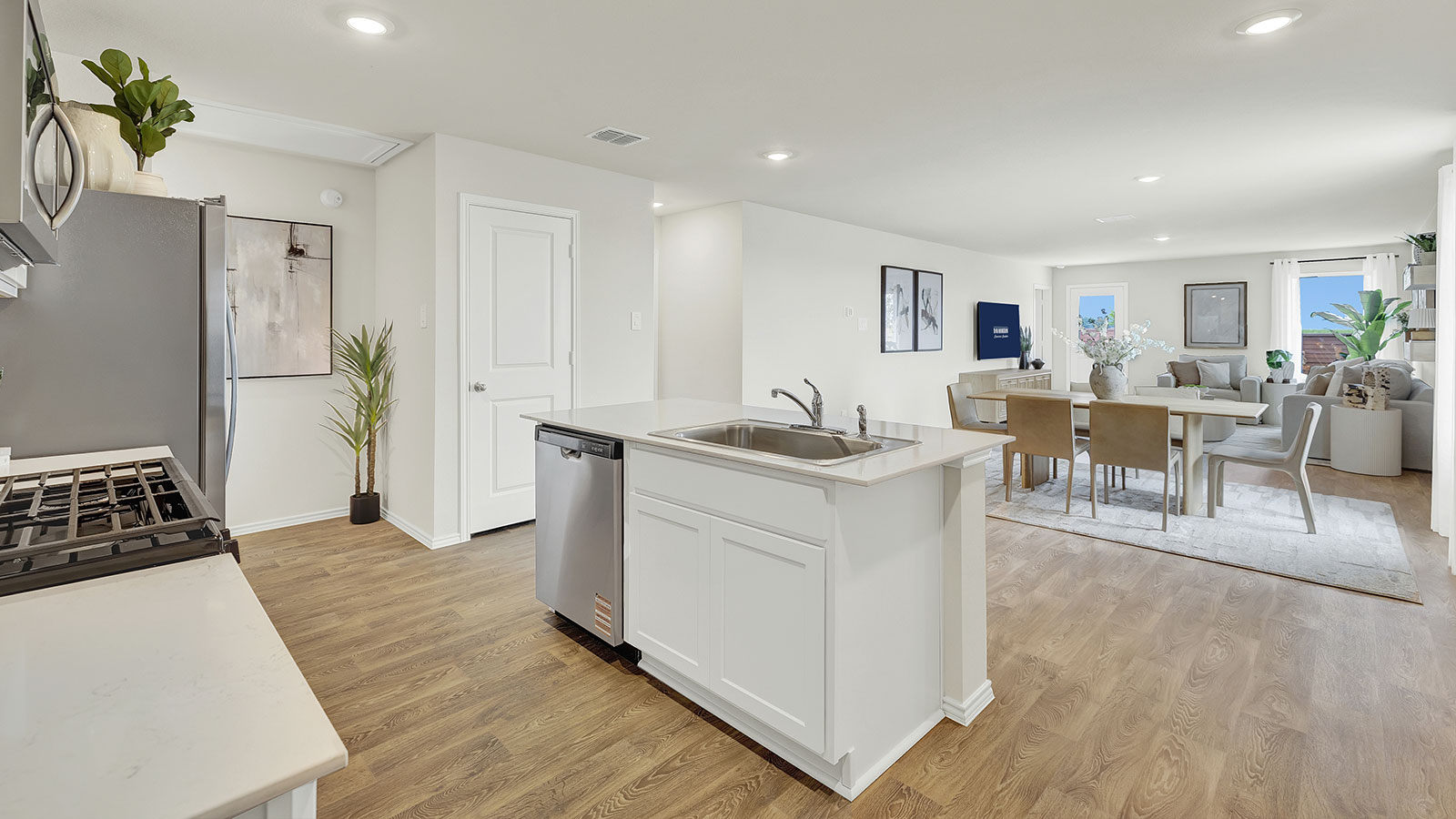 Kitchen island overlooking the dining room and living room.