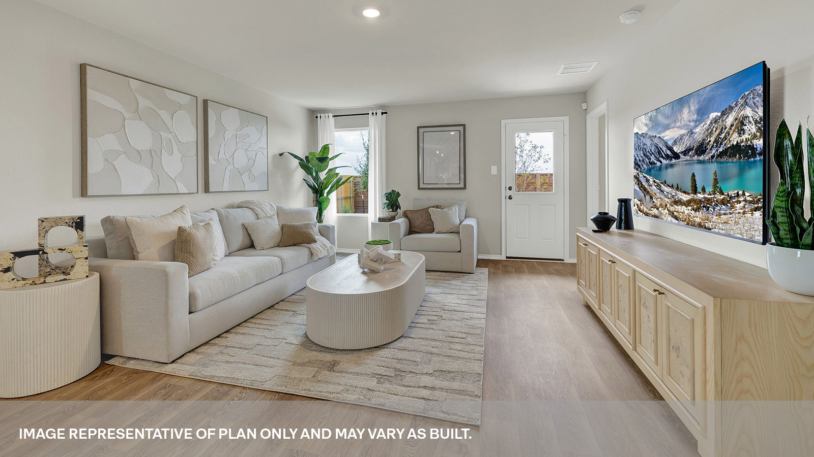 Living room with vinyl flooring and one window.