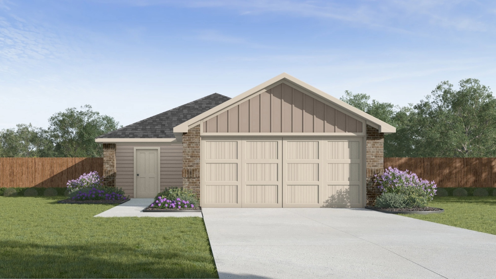 Single-story farmhouse exterior with a 2 car garage.