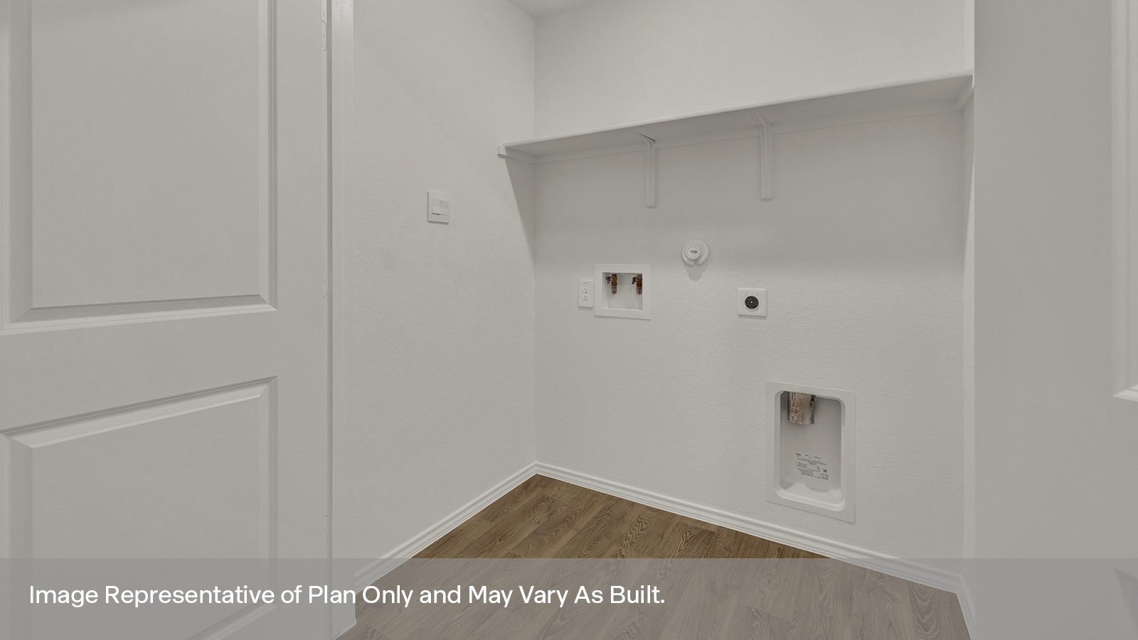Laundry room with washer/dryer connections and wooden shelving.