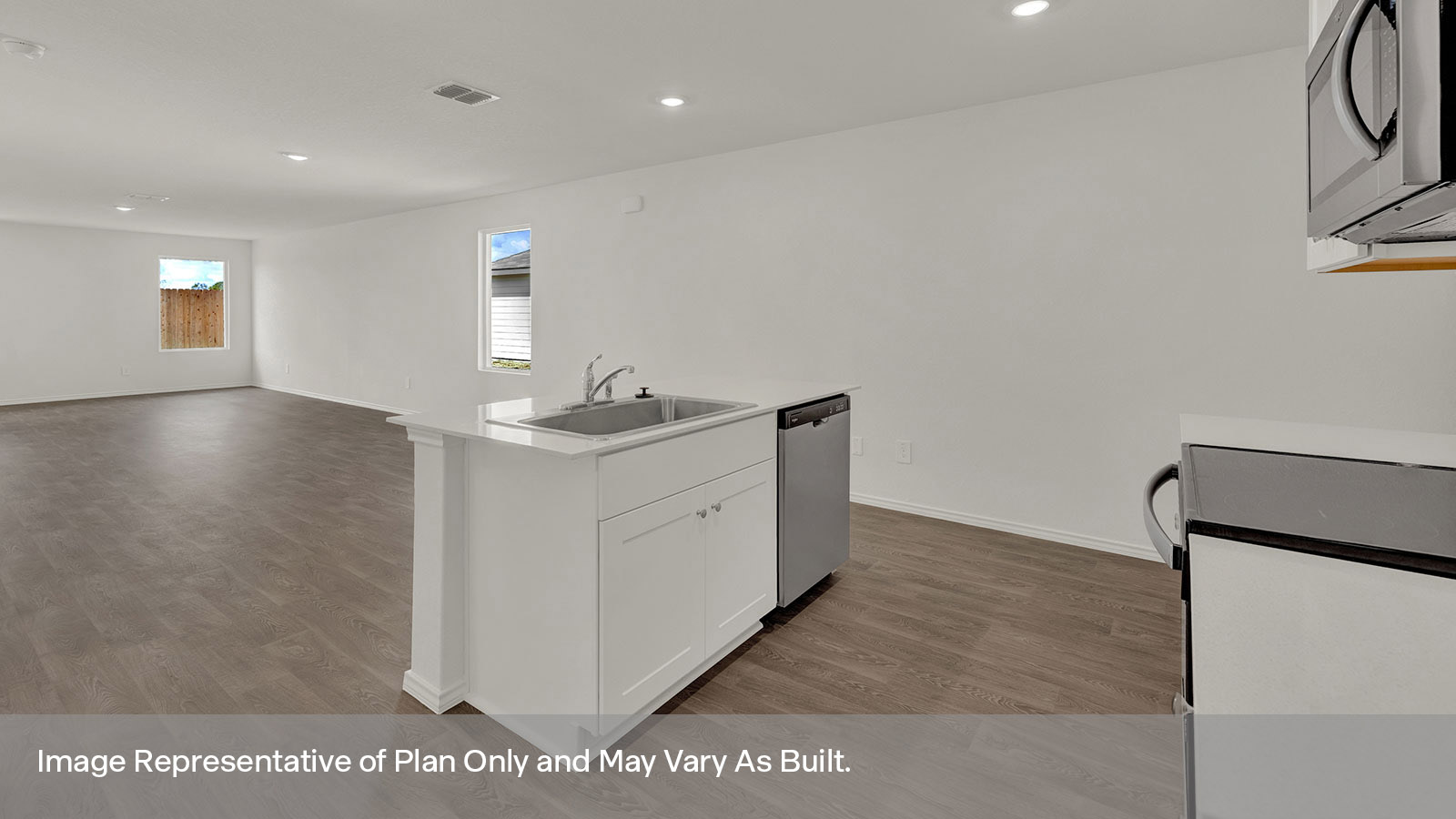 Kitchen island overlooking the dining room and living room.