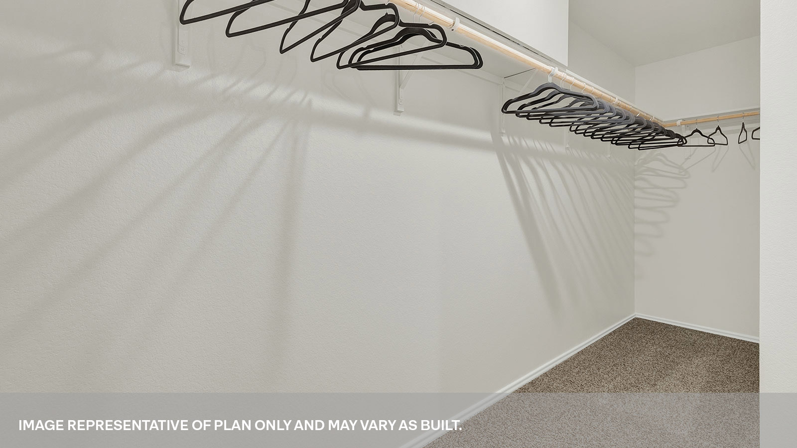 Main bedroom closet with carpeting and wooden shelving.