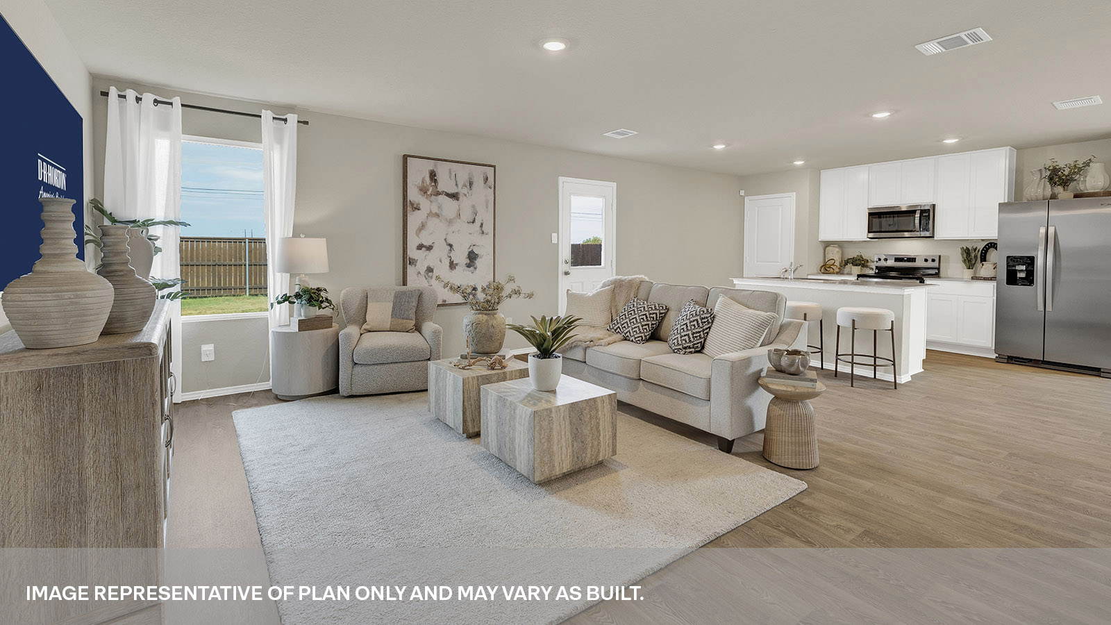 Living room with vinyl flooring, one window, and a half lite exterior door.