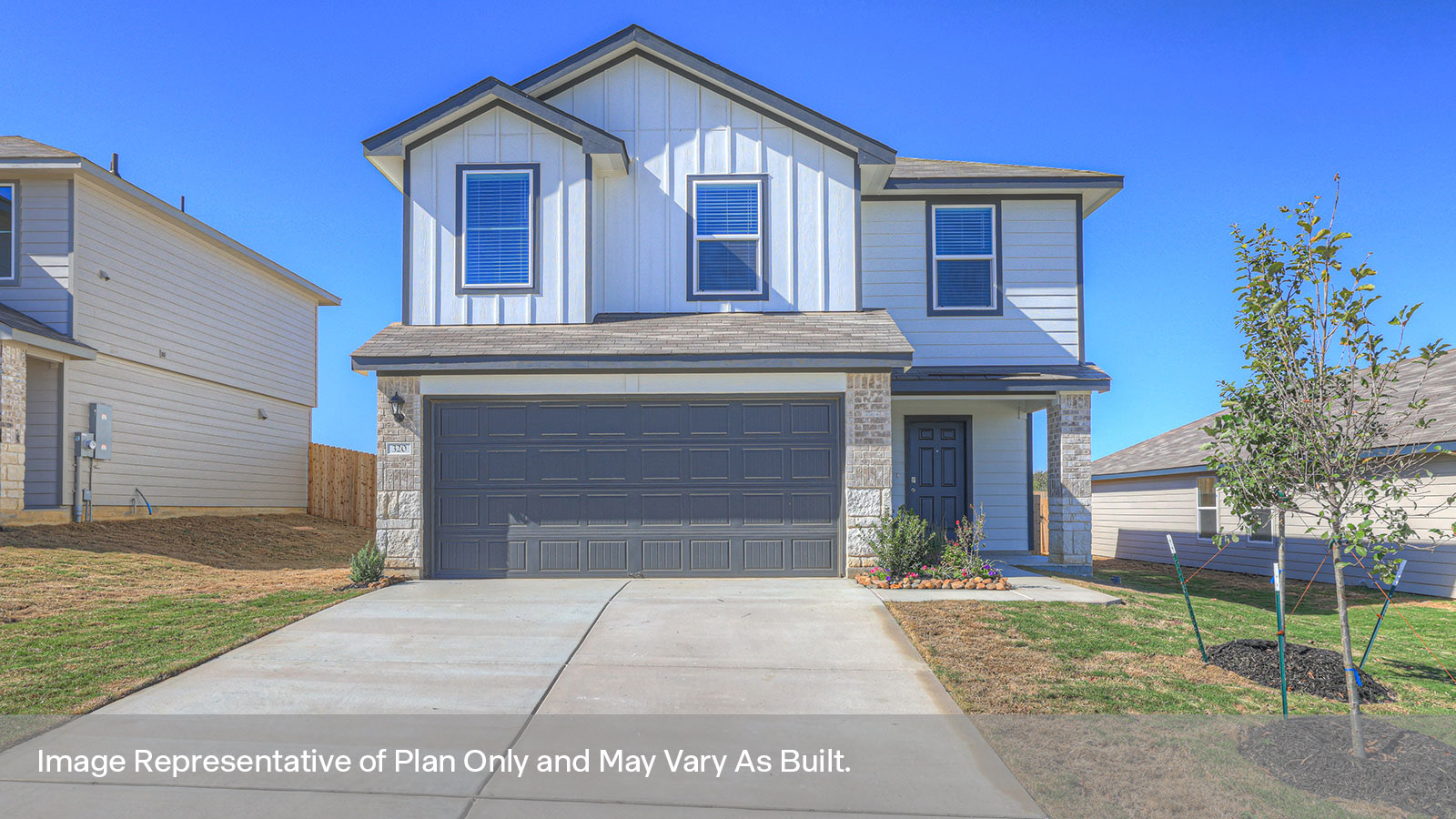 Franklin floorplan with farmhouse exteriors and a 2 car garage.