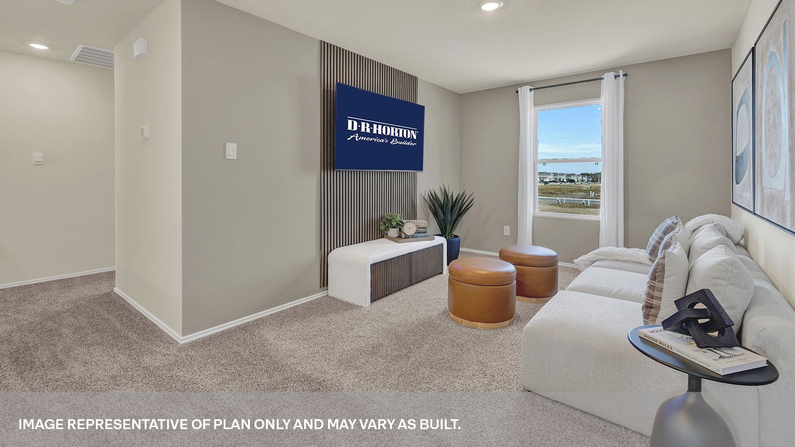 Gameroom with carpeting and bedroom hallway.