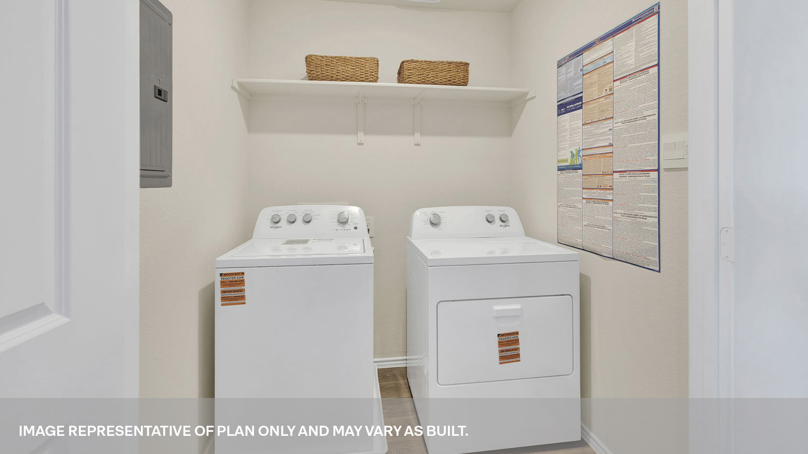Laundry room with washer/dryer connections and wooden shelving.