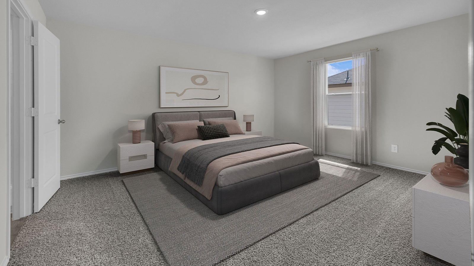 Main bedroom virtually staged with bed, night stands and tv stand.