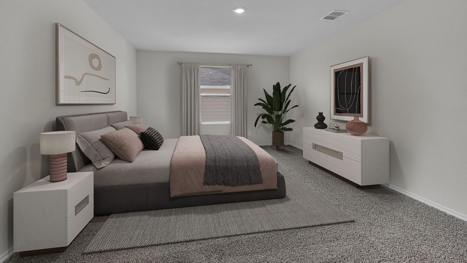 Main bedroom virtually staged with bed, night stands and tv stand.