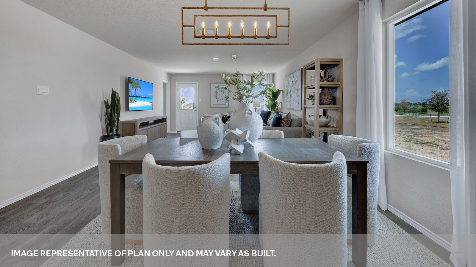 Dining room with vinyl flooring and one window.