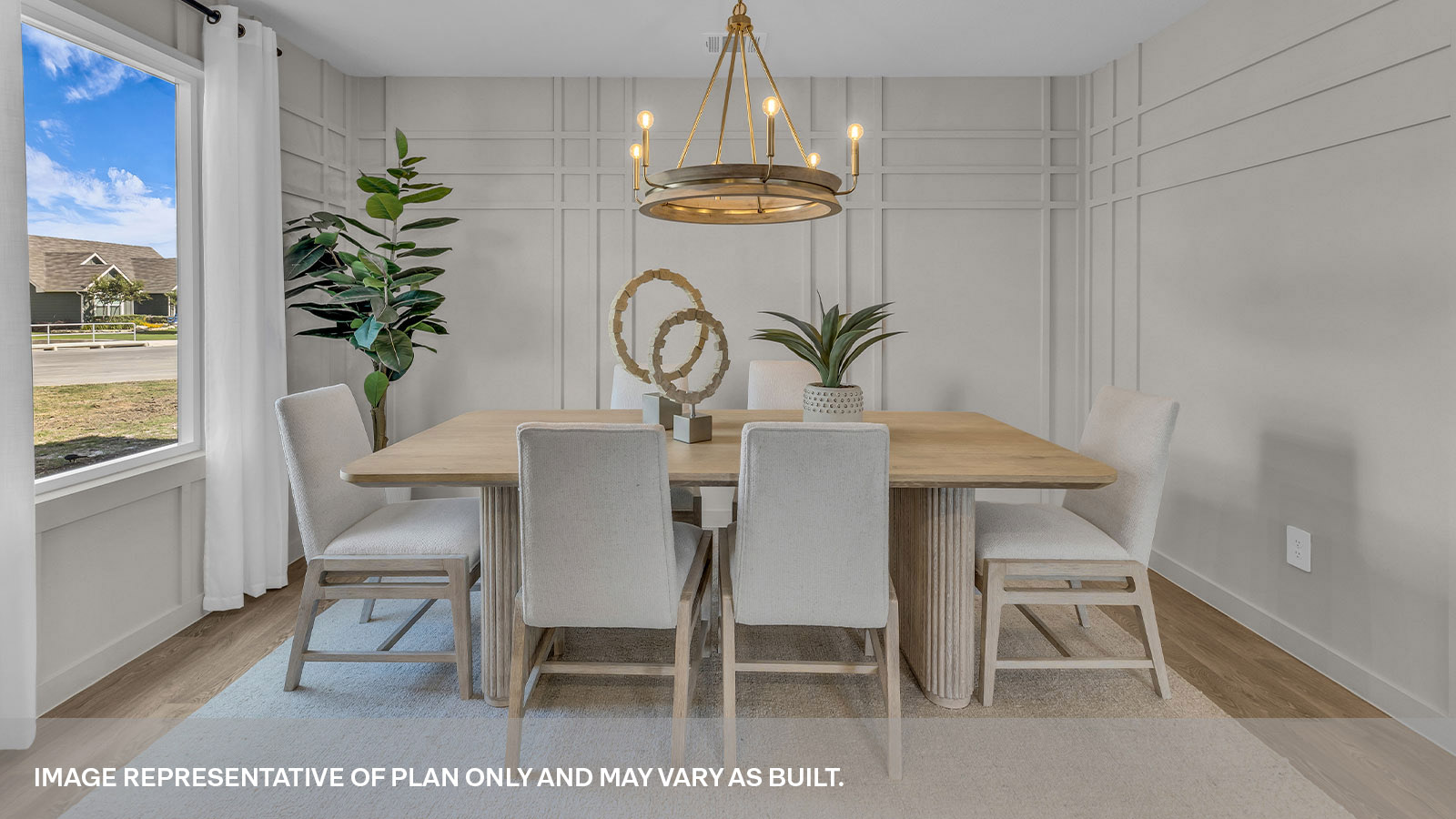 Dining room with vinyl flooring and one window.