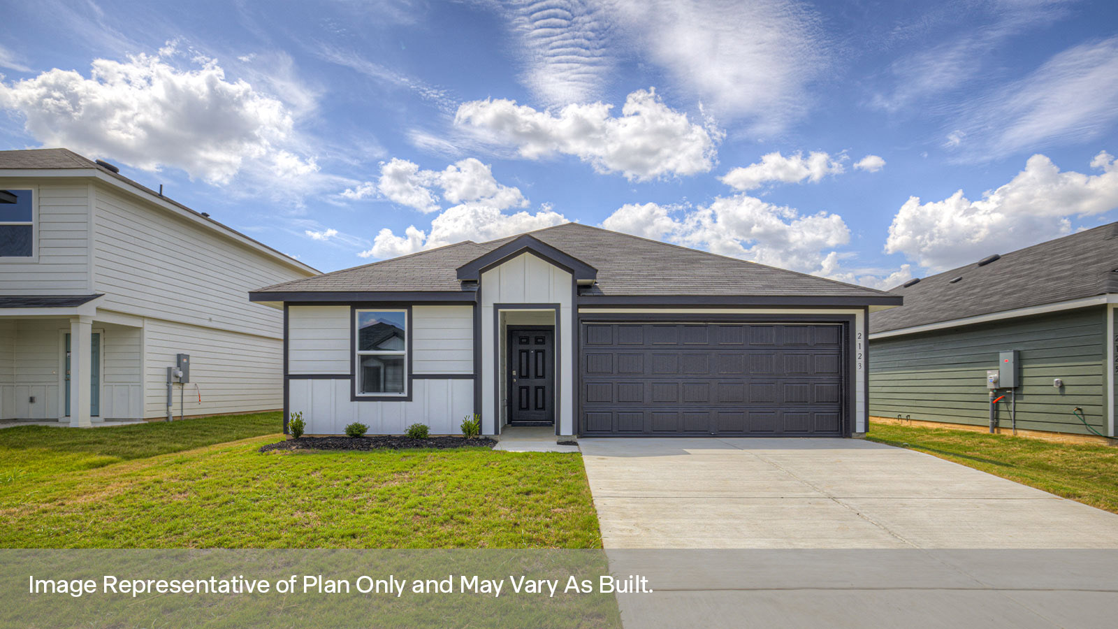 Single-story farmhouse exteriors with one window and a 2 car garage.