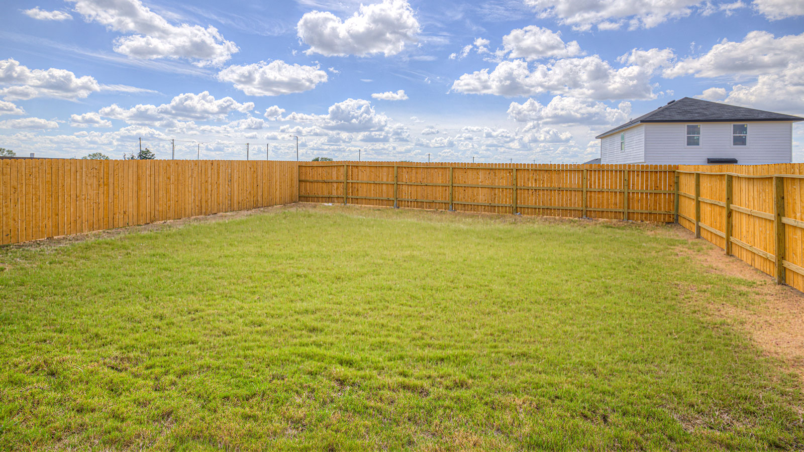 Fully sodded backyard with privacy fence.
