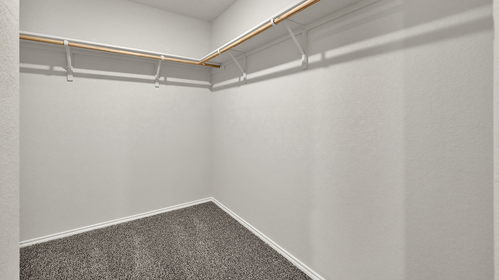 Main bedroom closet with carpeting and wooden shelving.