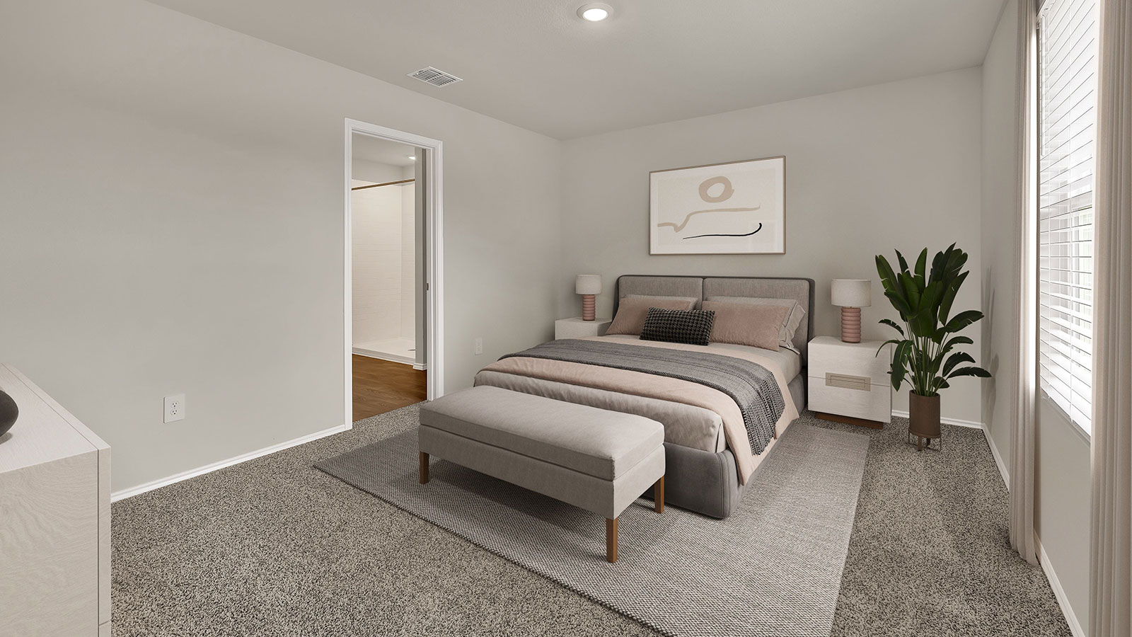 Main bedroom with carpeting and one window.