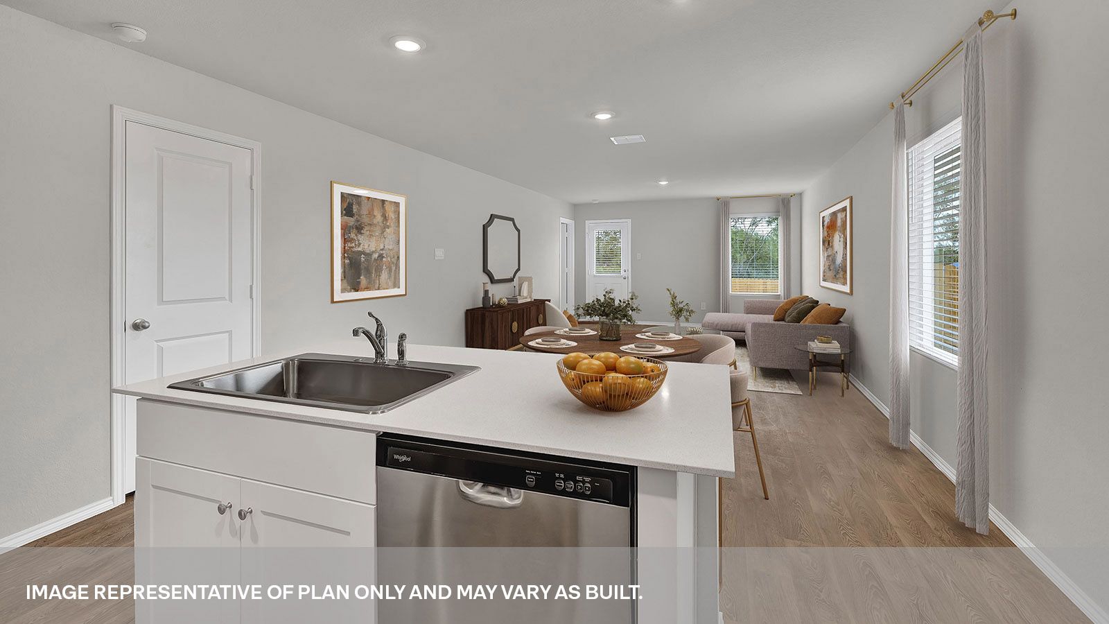 Kitchen island overlooking the dining room and living room.