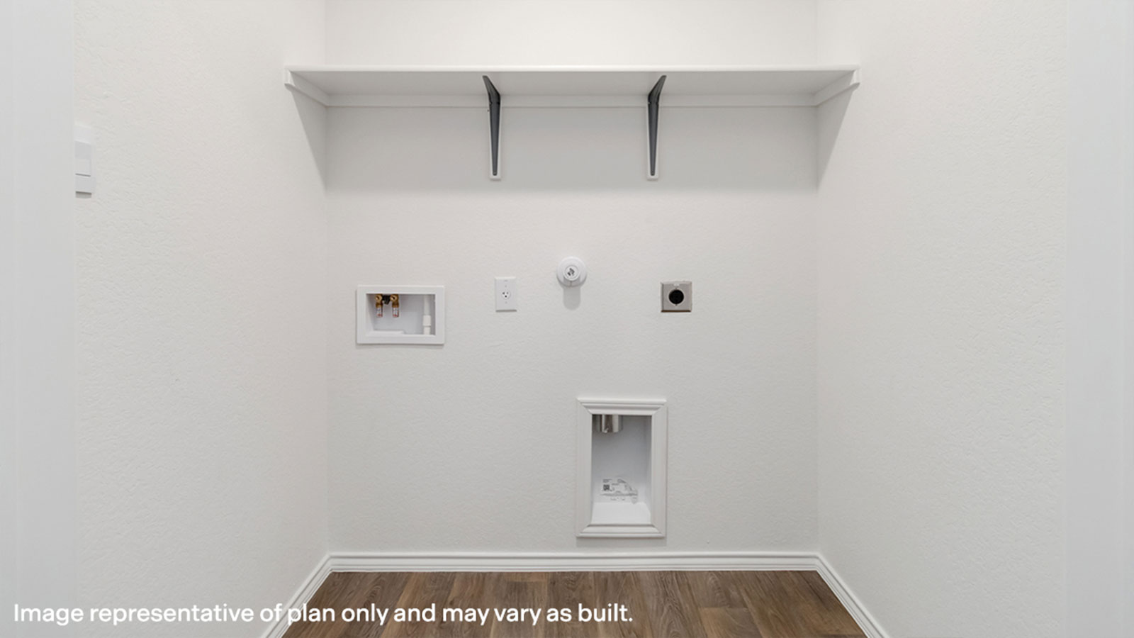 Laundry room with washer/dryer connections and wooden shelving.