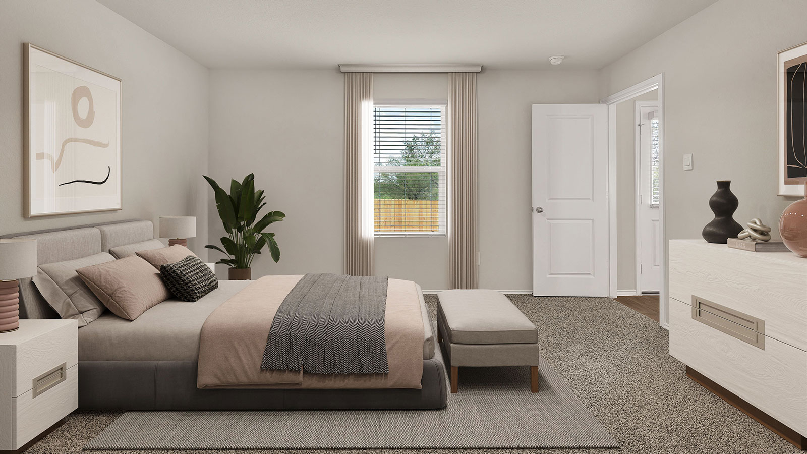 Main bedroom with carpeting and one window.