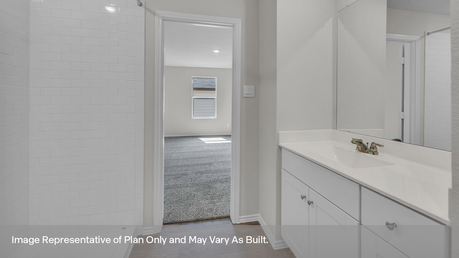 Main bathroom with single sink vanity.