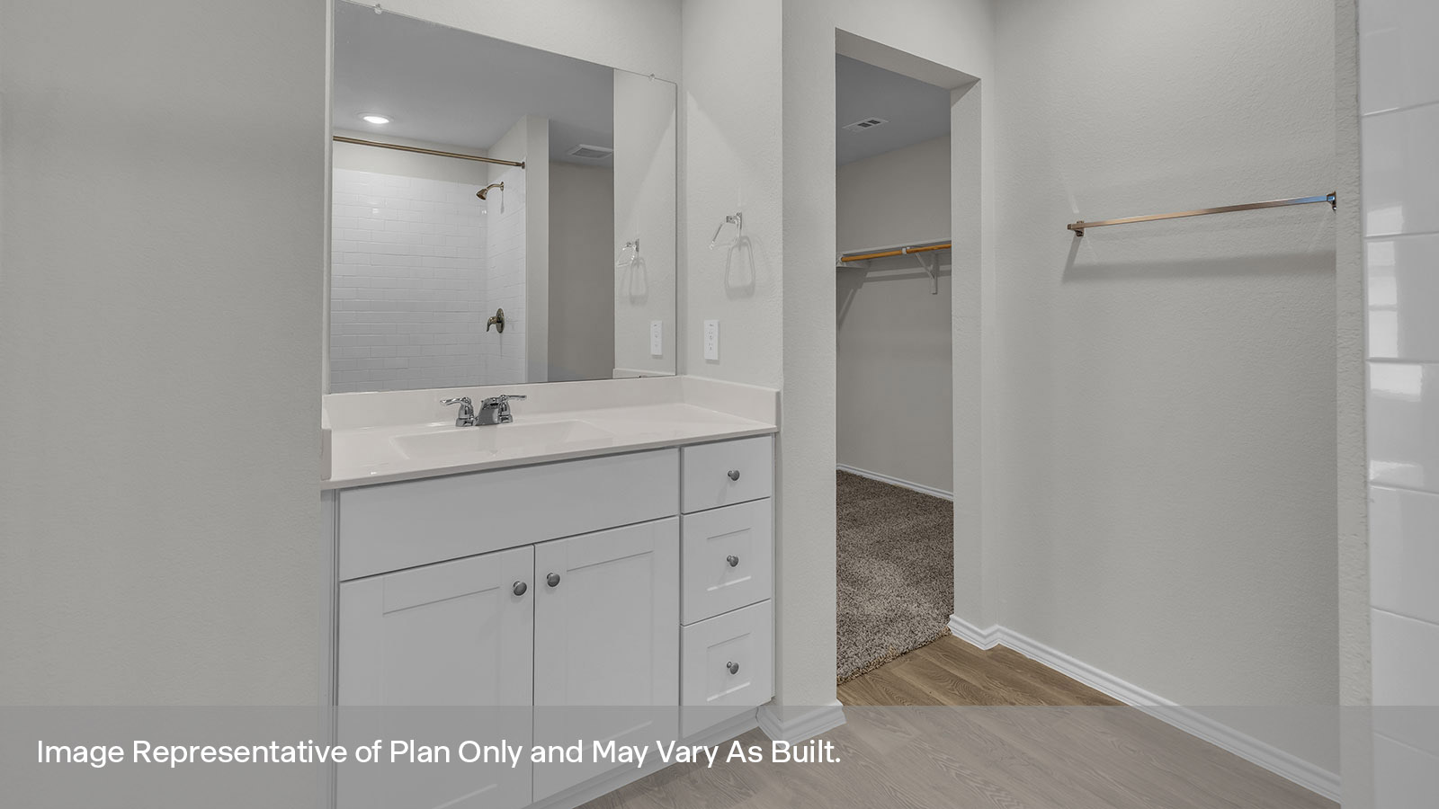Main bathroom with single sink vanity.