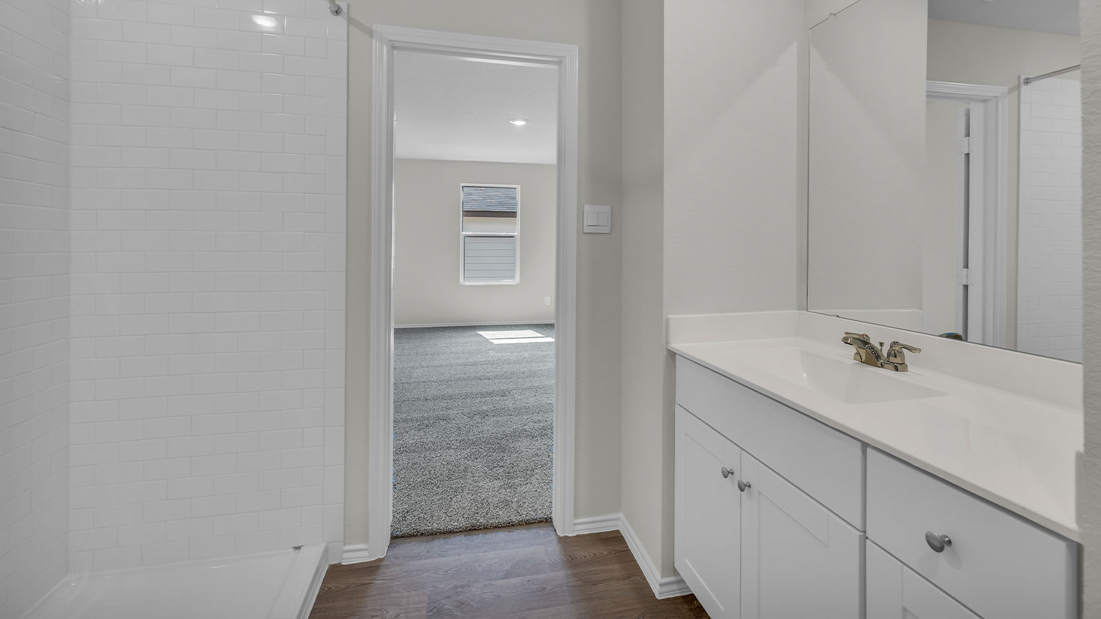 Main bathroom with single sink vanity.