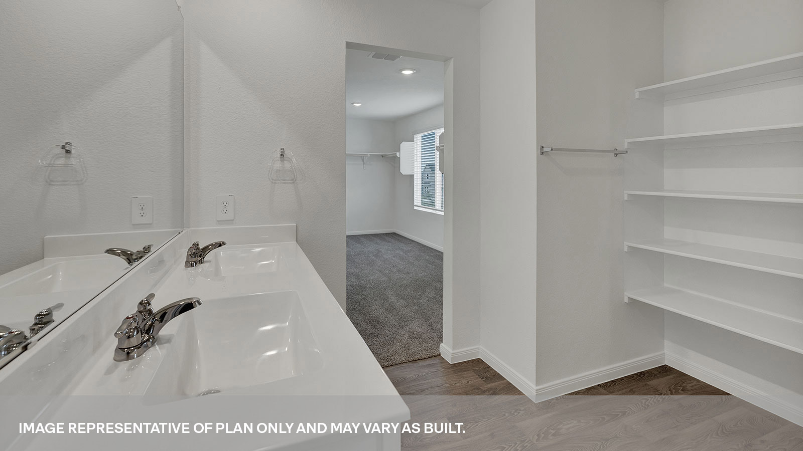 Main bathroom with vanity and wooden shelving.