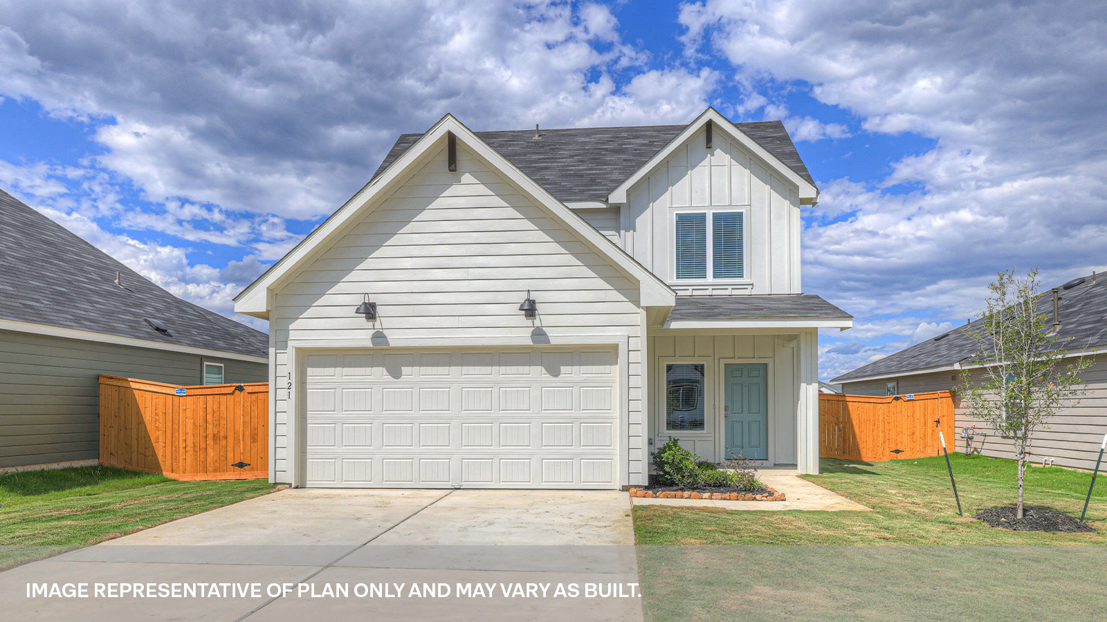 Two-story farmhouse exteriors with 2 car garage.