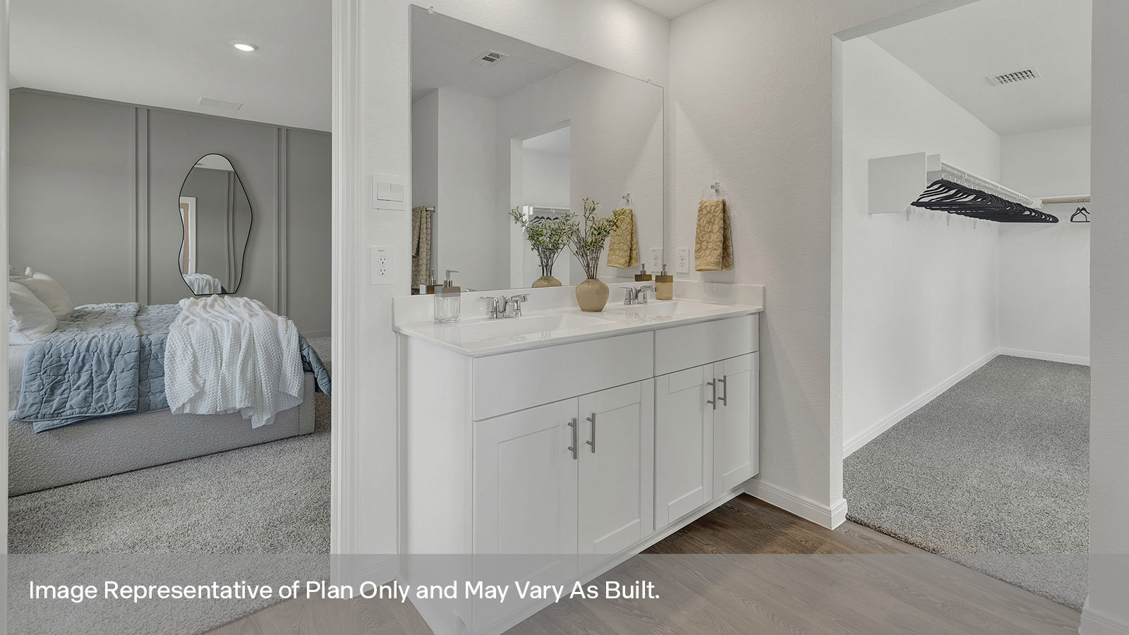 Main bathroom with double sink vanity and stand in shower.