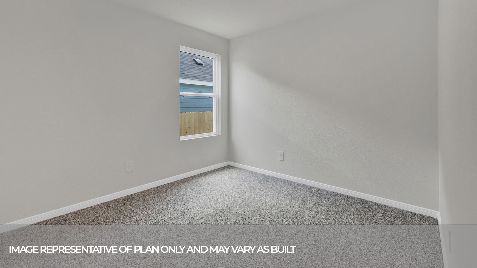 Front bedroom with carpeting and one window.