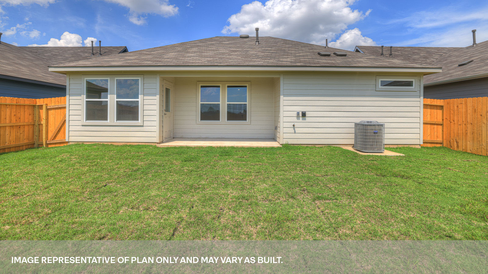 Covered patio with 3 windows and a half lite exterior door.