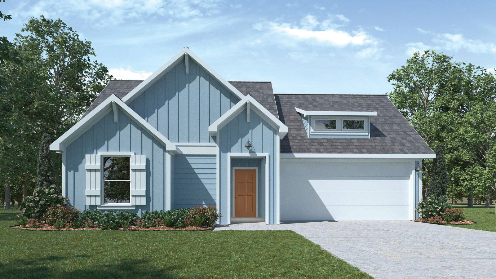 Ashburn floorplan F elevation with farmhouse exteriors with one window and 2 car garage.