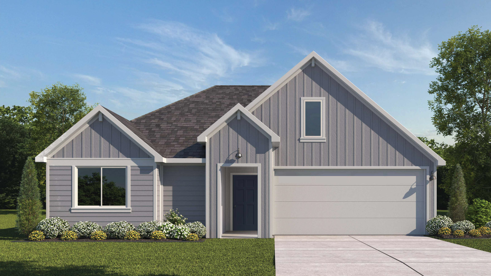 Ashburn floorplan G elevation with farmhouse exteriors with two window and 2 car garage.