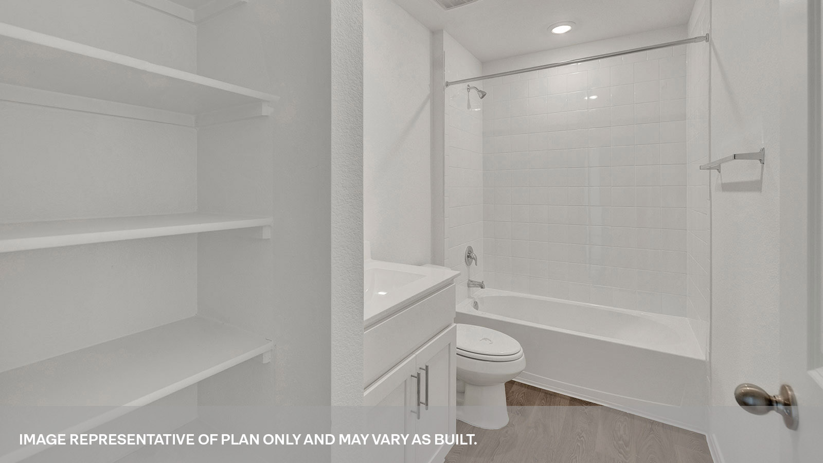 Hall bathroom with wooden shelving, single sink vanity, and tub.