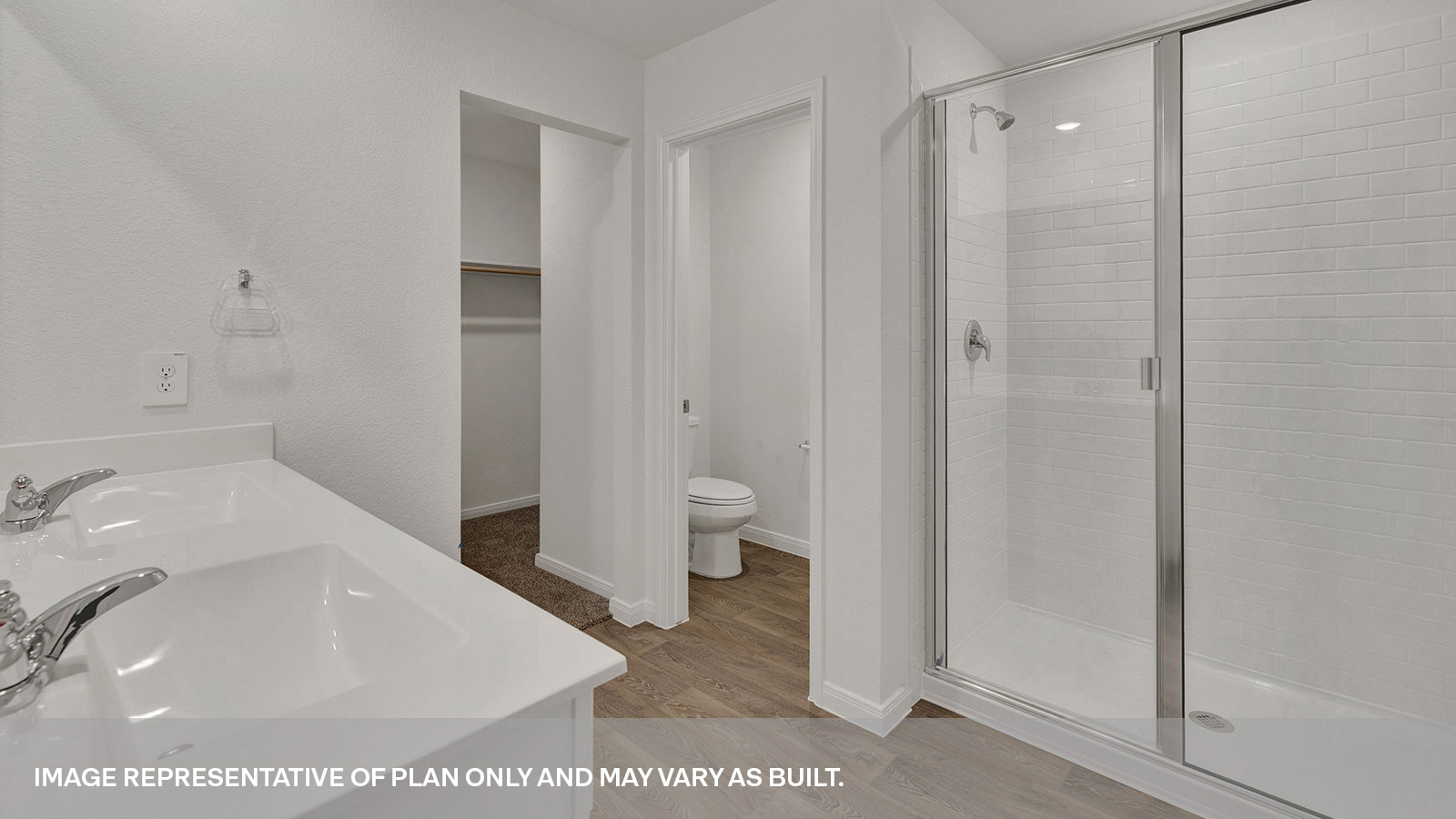 Main bathroom with vanity, walk-in shower, and walk-in closet.