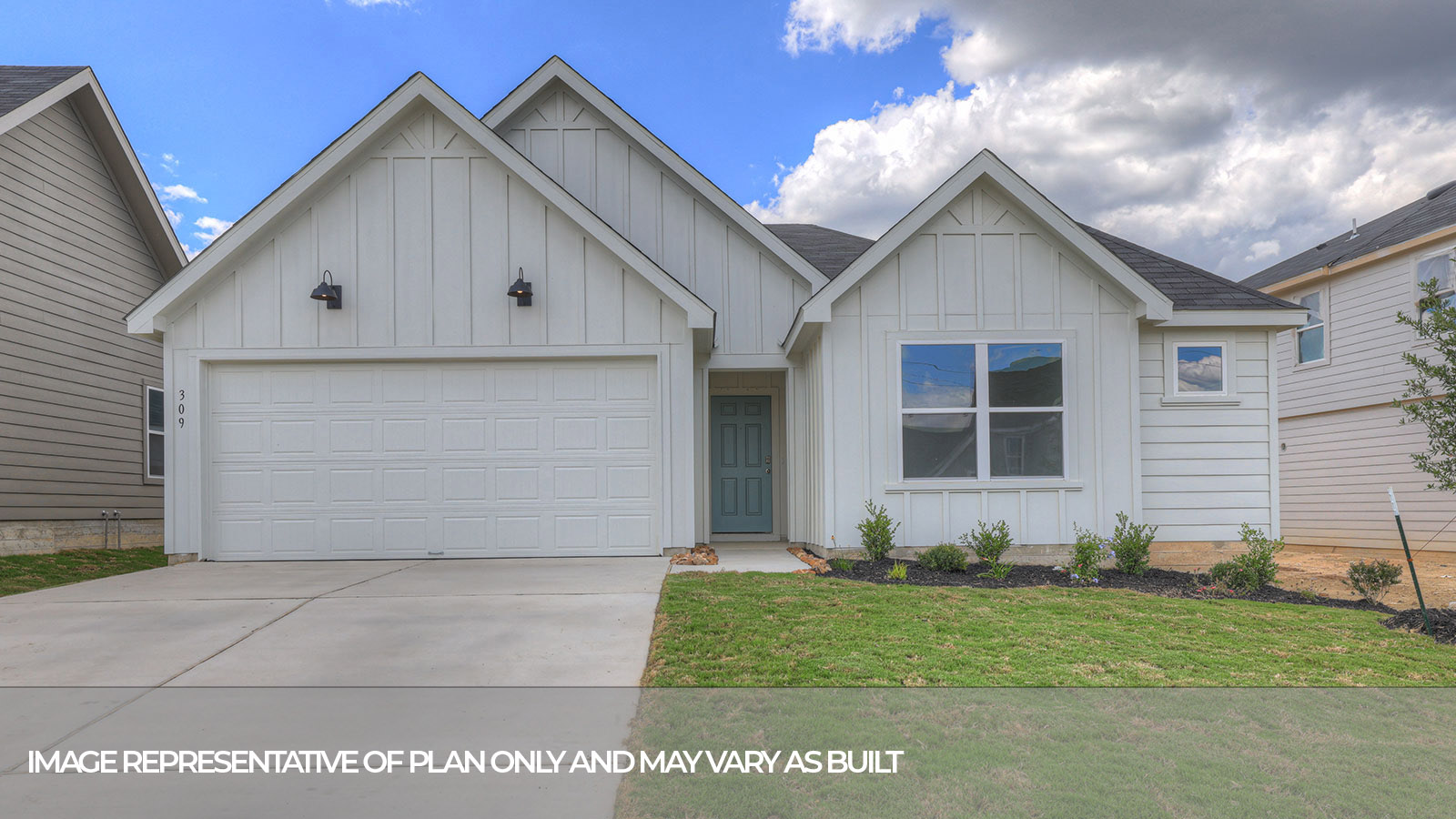 Bellvue floorplan G elevation with farmhouse exterior two windows and 2 car garage.