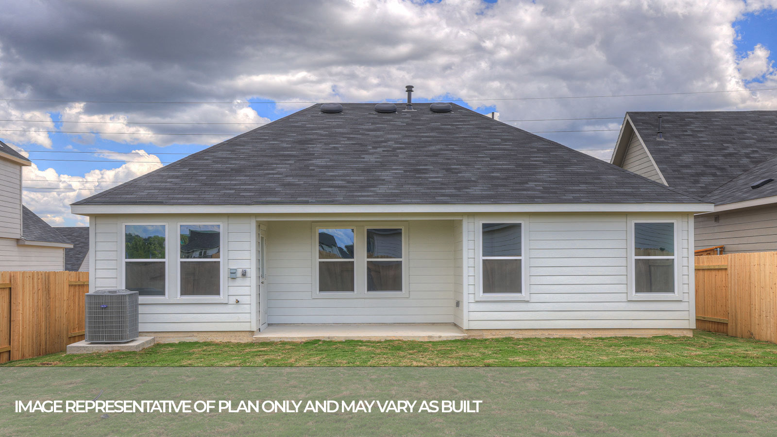 Bellvue floorplan G elevation with farmhouse exterior two windows and 2 car garage.