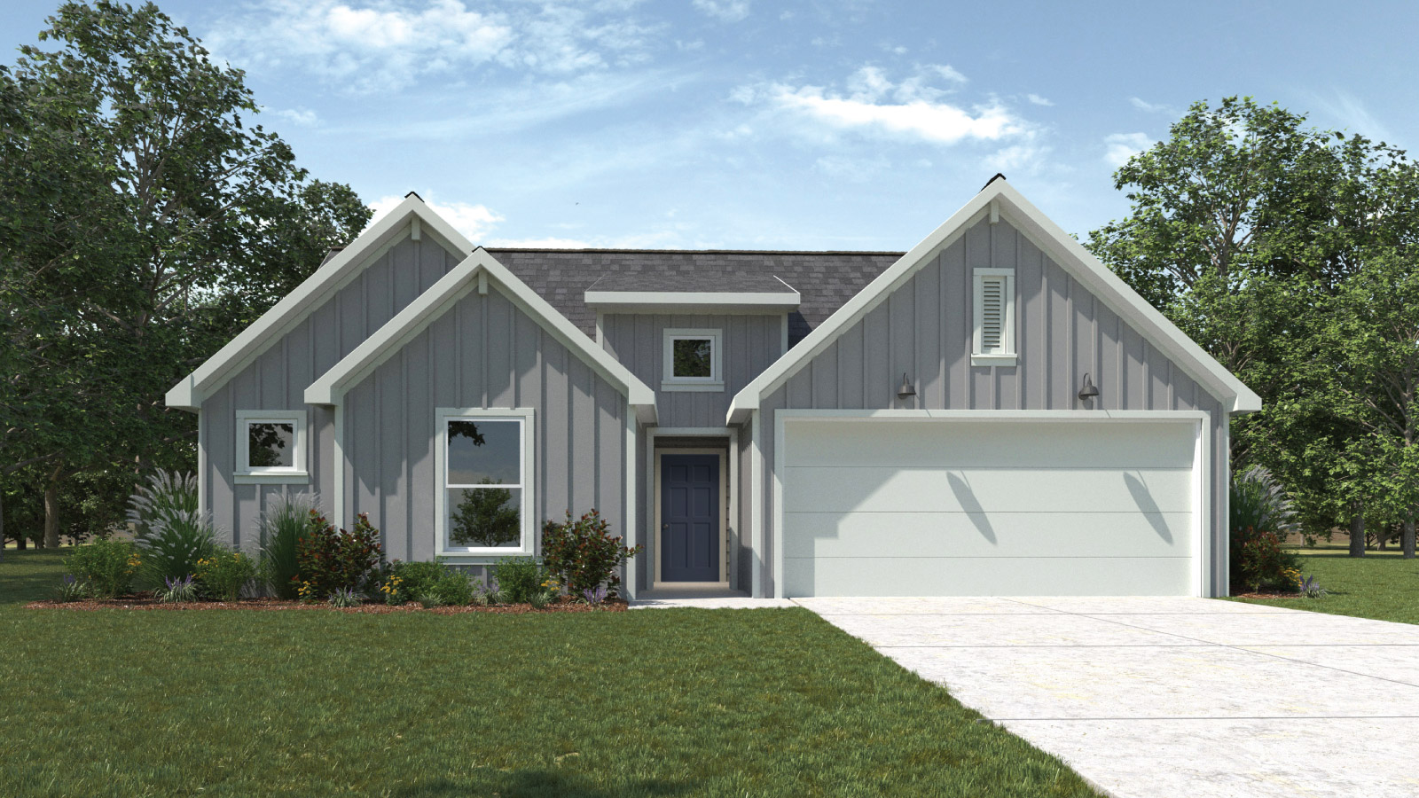 Bellvue floorplan F elevation with farmhouse exterior one window and 2 car garage.